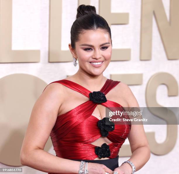 Selena Gomez arrives at the 81st Annual Golden Globe Awards at The Beverly Hilton on January 07, 2024 in Beverly Hills, California.