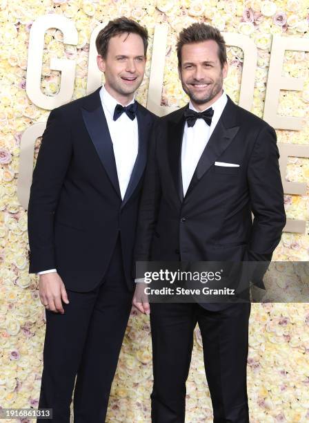 Patrick J. Adams, Gabriel Macht arrives at the 81st Annual Golden Globe Awards at The Beverly Hilton on January 07, 2024 in Beverly Hills, California.