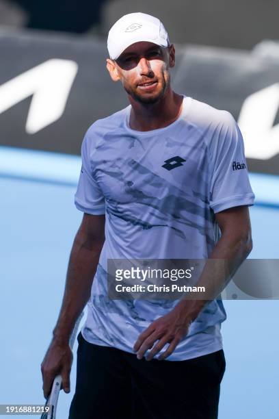 John Millman of Australia whilst playing Alex Molan of Slovakia in qualifying ahead of the 2024 Australian Open at Melbourne Park on January 11, 2024...