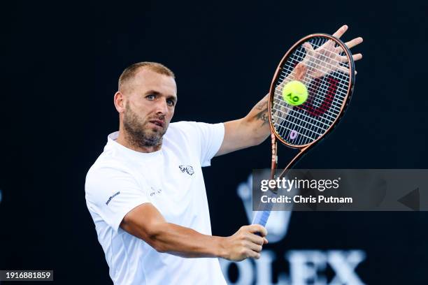 Daniel Evans of Great Britain practices ahead of the 2024 Australian Open at Melbourne Park on January 11, 2024 in Melbourne, Australia.