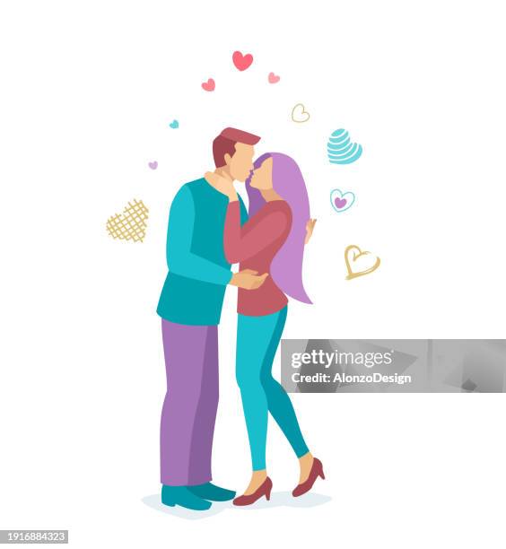 a tender couple wrapped in an embrace, sharing a kiss. joyful embrace. - pecking stock illustrations