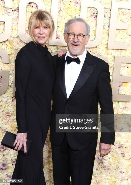 Kate Capshaw, Steven Spielberg arrives at the 81st Annual Golden Globe Awards at The Beverly Hilton on January 07, 2024 in Beverly Hills, California.