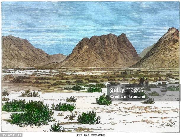 old engraved illustration of mount sinai (jabal musa or zabel musa) and willow peak or ras es-safsafeh, a mountain in the sinai peninsula - sinai egypt stock pictures, royalty-free photos & images