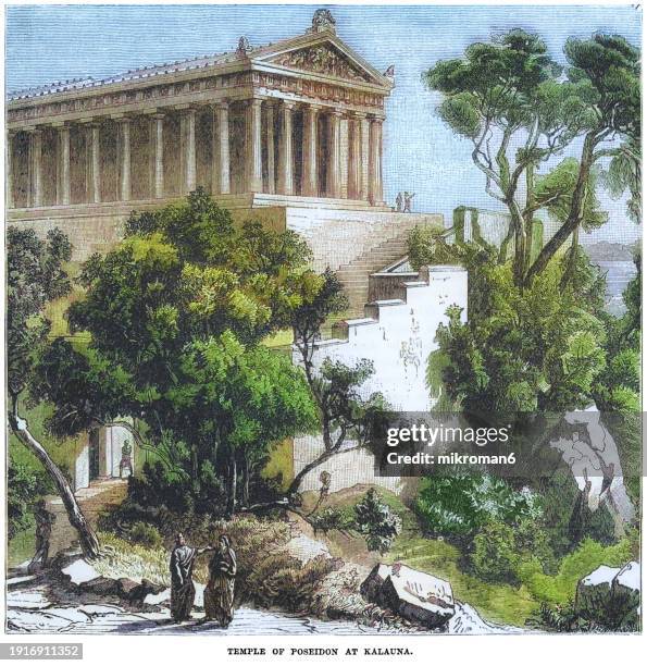 old engraved illustration of the temple of poseidon, an ancient greek temple on cape sounion, greece, dedicated to the god poseidon - dios fotografías e imágenes de stock