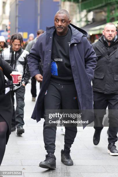 Idris Elba arriving at Capital Xtra Radio Studios to talk about the 'Don't Stop Your Future' campaign on January 08, 2024 in London, England.