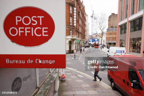General view of a Post Office sign in Westminster on January 08, 2024 in London, England. Between 1999 and 2015, more than 700 Post Office branch...