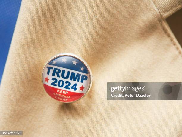 Photo illustration Donald Trump 2024 Campaign Badge on Jacket Lapel