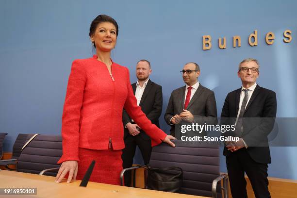 German far-left politician Sahra Wagenknecht arrives with colleagues Christian Leye, Shervin Haghsheno and Thomas Geisel to announce the official...
