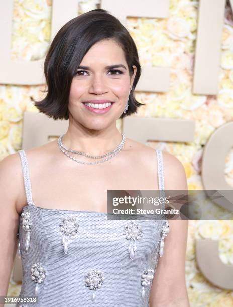 America Ferrera arrives at the 81st Annual Golden Globe Awards at The Beverly Hilton on January 07, 2024 in Beverly Hills, California.