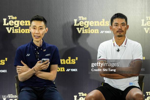 Lee Chongwei of Malaysia and Lin Dan of China talk during the Yonex Legends Vision on January 08, 2024 in Kuala Lumpur, Malaysia.