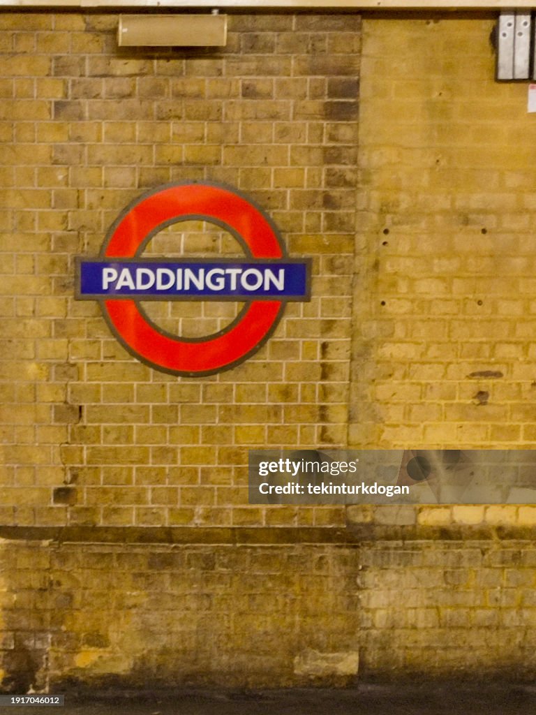Paddington underground metro subway sign at london england UK