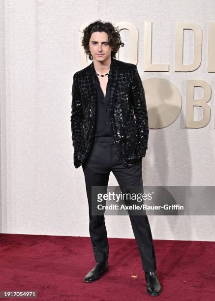 Timothée Chalamet attends the 81st Annual Golden Globe Awards at The Beverly Hilton on January 07, 2024 in Beverly Hills, California.