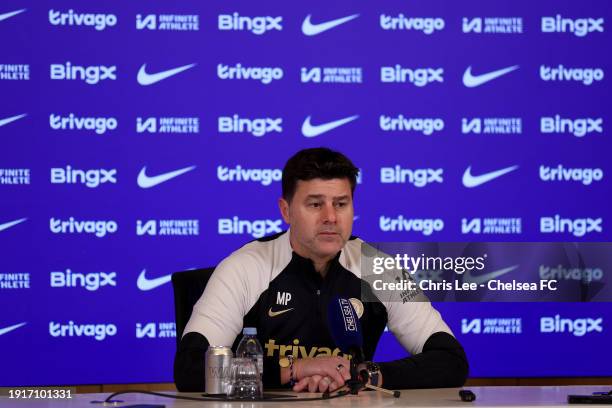 Manager, Mauricio Pochettino of Chelsea talks to the media in the press conference during the Chelsea FC press conference at Chelsea Training Ground...