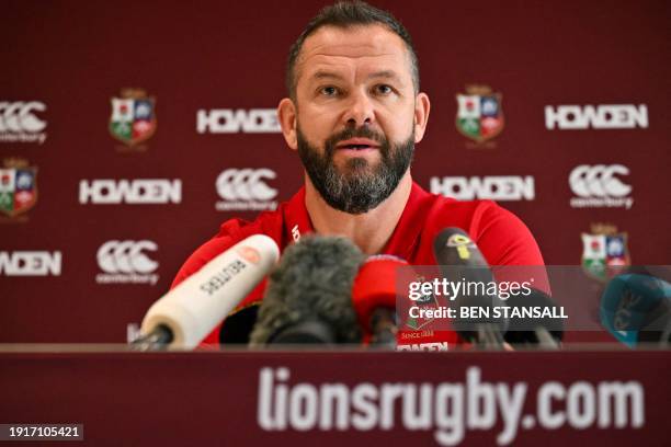 New British and Irish Lions Head Coach Andy Farrell reacts as he is unveiled to members of the media during a press conference, in central London, on...