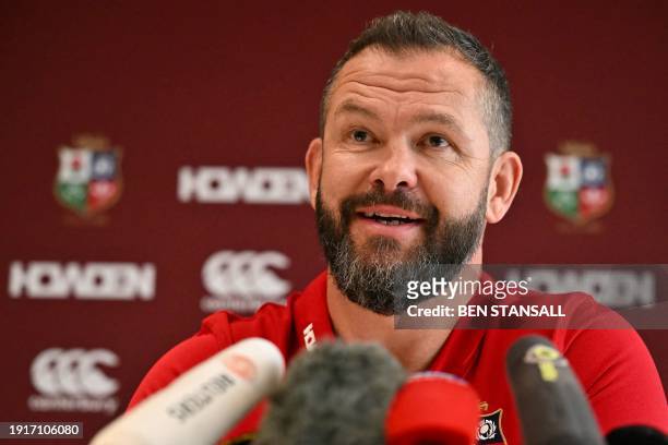 New British and Irish Lions Head Coach Andy Farrell reacts as he is unveiled to members of the media during a press conference, in central London, on...
