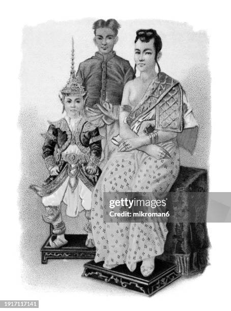 old chromolithograph illustration of queen and prince of siam (thailand) - king royal person stock pictures, royalty-free photos & images