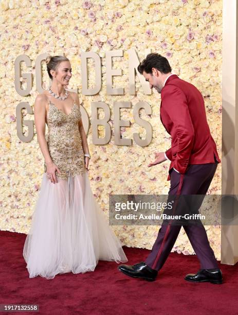 Emily Blunt and John Krasinski attend the 81st Annual Golden Globe Awards at The Beverly Hilton on January 07, 2024 in Beverly Hills, California.