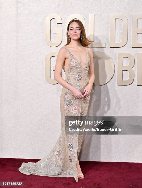 Emma Stone attends the 81st Annual Golden Globe Awards at The Beverly Hilton on January 07, 2024 in Beverly Hills, California.