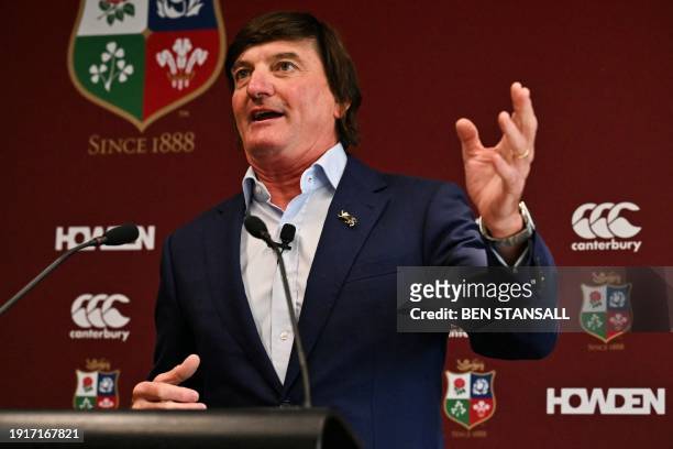Of insurance company Howden Group Holdings David Howden speaks during the press conference unveiling New British and Irish Lions Head Coach Andy...