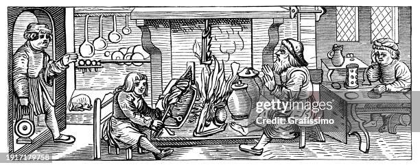 medieval kitchen with people eating and preparing food 1518 - circa 15th century stock illustrations