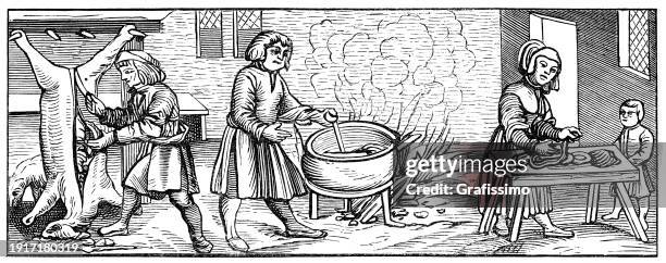ilustrações de stock, clip art, desenhos animados e ícones de butcher eviscerating a pig and people preparing the meat 1518 - estilo do século 16