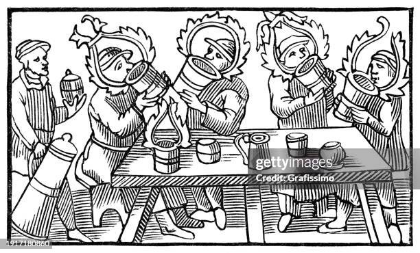 medieval bar with men drinking beer and wine 1560 - circa 15th century stock illustrations
