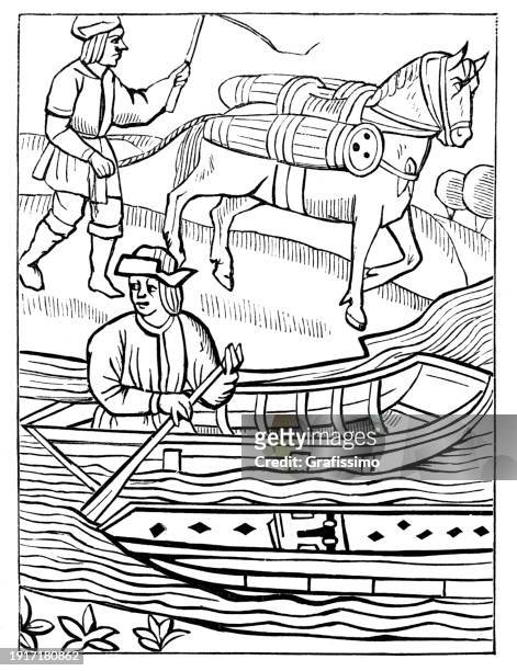stockillustraties, clipart, cartoons en iconen met men transporting fish on river and land 1528 - circa 15th century