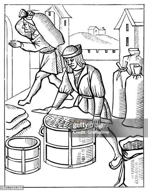 stockillustraties, clipart, cartoons en iconen met measurement of grain and cereals in paris 1528 - rond de 15e eeuw