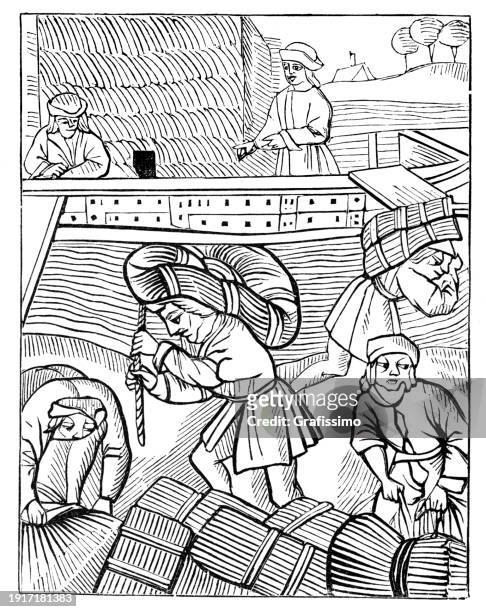 stockillustraties, clipart, cartoons en iconen met woodcut of transporting hay in paris 1528 - circa 15th century