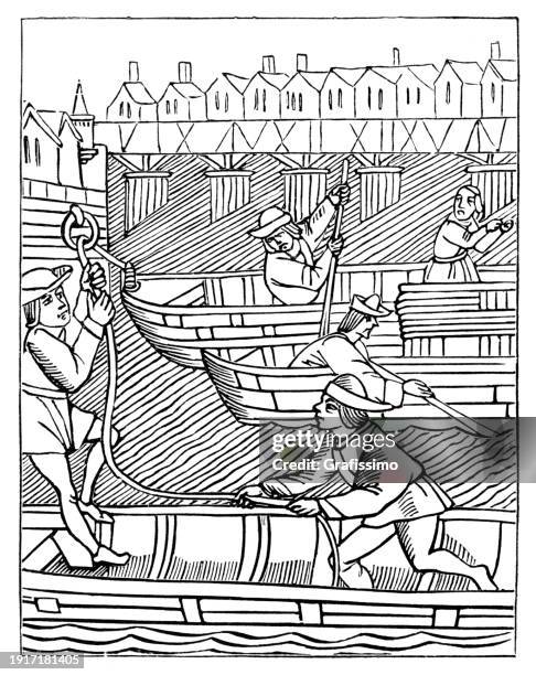 holzschnitt von booten, die an der seine maut zahlen paris 1500 - mittelalter stock-grafiken, -clipart, -cartoons und -symbole