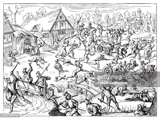 medieval village near oldenburg attacked by soldiers 1599 - 16th century stock illustrations