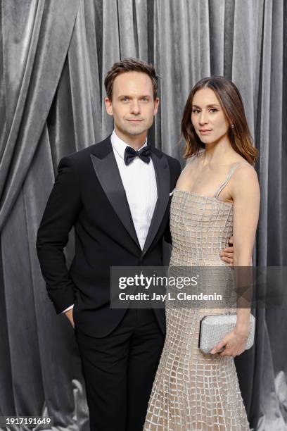 Actors Patrick J. Adams and Troian Bellisario are photographed for Los Angeles Times on January 7, 2024 at the 81st Annual Golden Globe Awards held...