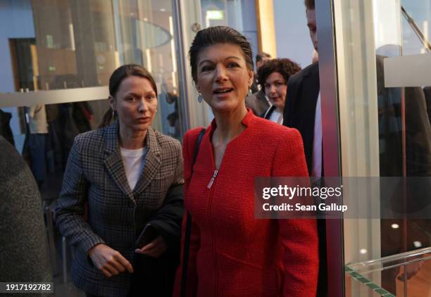 German far-left politician Sahra Wagenknecht departs from a press conference where she and colleagues announced the official launch of their new...
