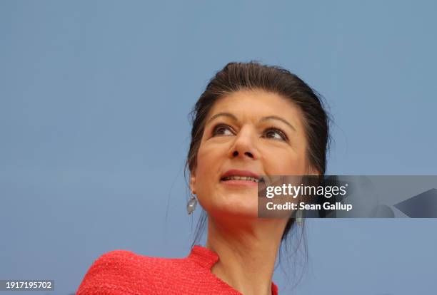 German far-left politician Sahra Wagenknecht and colleagues arrive to announce the official launch of their new political party on January 08, 2024...