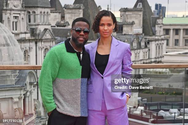 Kevin Hart and Gugu Mbatha-Raw attend a photocall for "LIFT" at Corinthia London on January 11, 2024 in London, England.