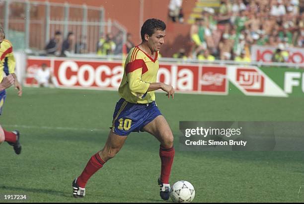 Gheorghe Hagi of Romania in action during the World Cup Second Round match against Eire at the Luigi Ferraris Stadium in Genoa, Italy. Eire won 5-4...