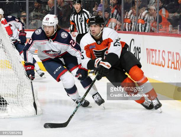 Ryan Poehling of the Philadelphia Flyers skates against Jake Christiansen of the Columbus Blue Jackets at the Wells Fargo Center on January 4, 2024...