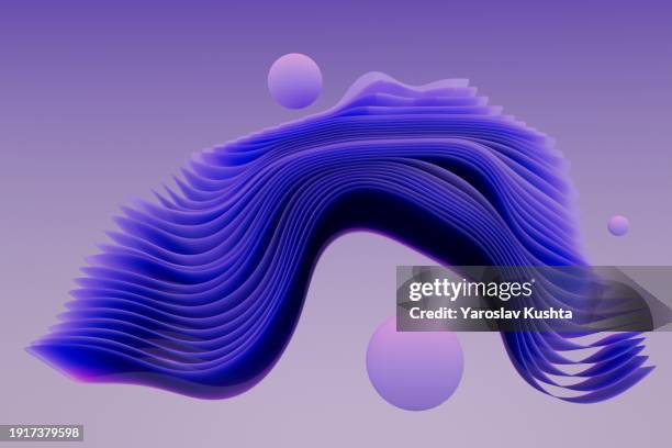 3d violet wavy pattern background.cgi  dynamic fabric swirls with balls minimalist . abstract background. - stock photo - mr purple stock pictures, royalty-free photos & images