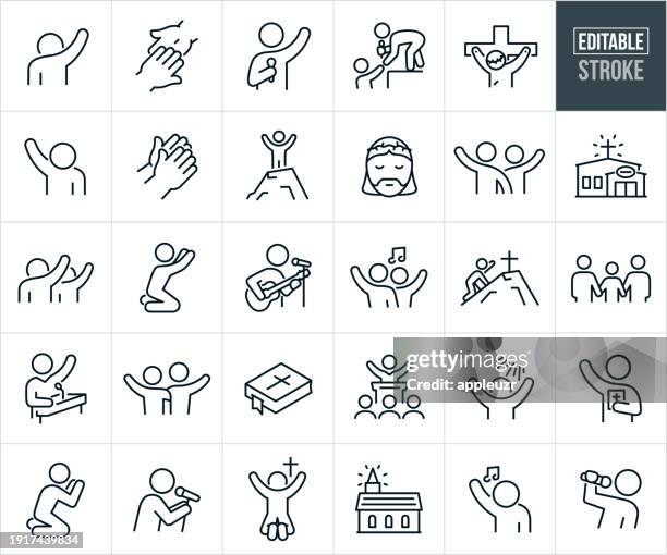 illustrazioni stock, clip art, cartoni animati e icone di tendenza di lode e adorazione icone a linea sottile - tratto modificabile - cristianesimo