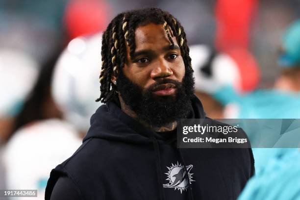 Xavien Howard of the Miami Dolphins looks on during the second half of the game against the Buffalo Bills at Hard Rock Stadium on January 07, 2024 in...