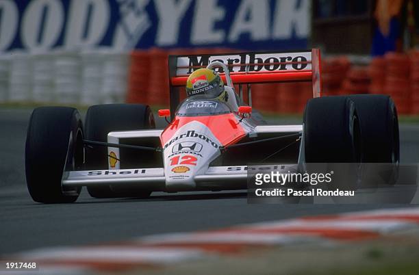 Ayrton Senna of Brazil in action in his McLaren Honda during the Belgian Grand Prix at the Spa circuit in Belgium. Senna finished in first place. \...