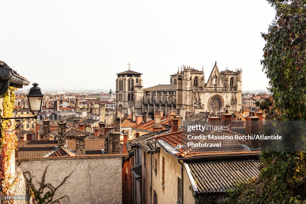 Vieux Lyon. The Cathédrale Saint-Jean-Baptiste de Lyon (Lyon Cathedral) and the roofs of the city