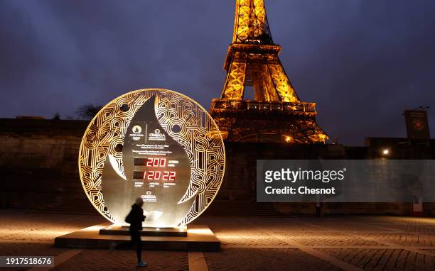 The official Omega Olympic countdown clock located beside the River Seine displays the 200 remaining days until the Opening Ceremony of the Paris...