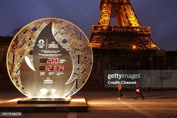 The official Omega Olympic countdown clock located beside the River Seine displays the 200 remaining days until the Opening Ceremony of the Paris...