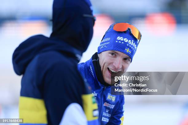 Sebastian Samuelsson of Sweden smiles during the Men's Relay at the BMW IBU World Cup Biathlon Ruhpolding on January 11, 2024 in Ruhpolding, Germany.