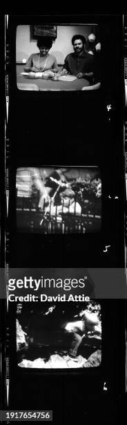 Photographer's original contact sheet of on-set monitors showing the shooting and broadcast of Sesame Street's very first season. Featuring Matt...