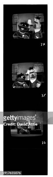 Photographer's original contact sheet of on-set monitors showing the shooting and broadcast of Sesame Street's very first season. Featuring Muppets...