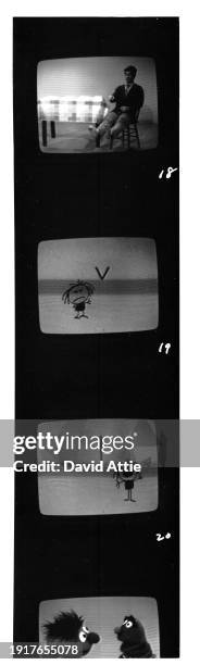 Photographer's original contact sheet of on-set monitors showing the shooting and broadcast of Sesame Street's very first season. Featuring Muppet...