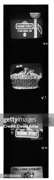 Photographer's original contact sheet of on-set monitors showing the shooting and broadcast of Sesame Street's very first season. Featuring Muppet...