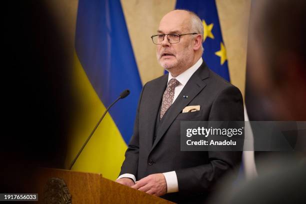 Estonian President Alar Karis speaks during a joint press conference with Ukrainian President Volodymyr Zelenskyy following their meeting in Tallinn,...